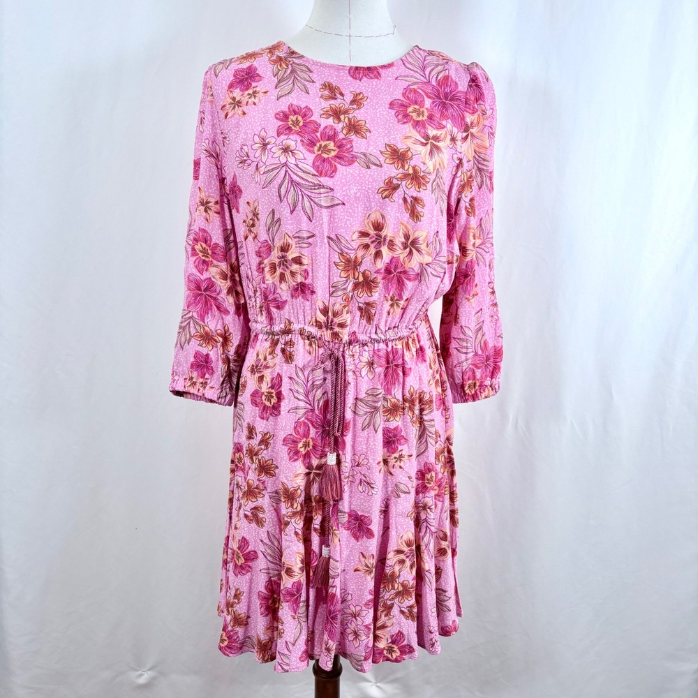 LOFT Mini Dress Pink Floral 3/4 Sleeve Elastic Waist Keyhole Back Women Size M